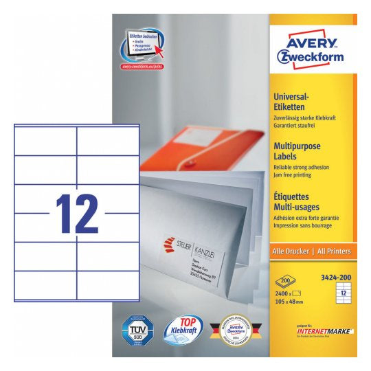 Avery Schuletiketten – 105 × 48 mm, 2640 Stk, 220 Bogen, Papier, permanent haftend
