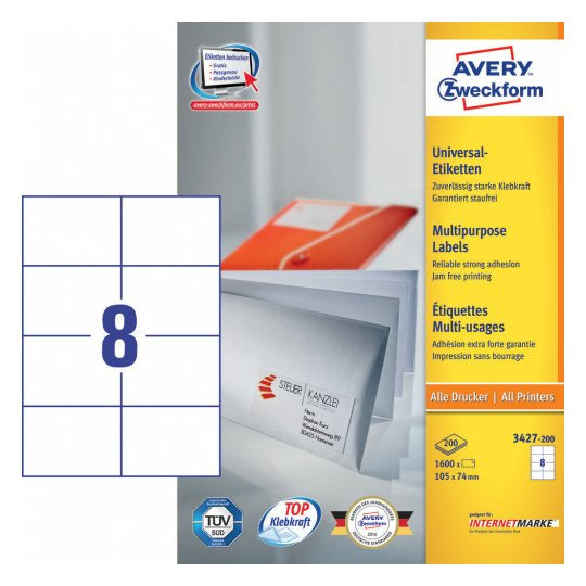Avery UltraGrip Etiketten, 105 mm × 74 mm, weiss, Papier, permanent, 1760 Etiketten (220 Blätter)