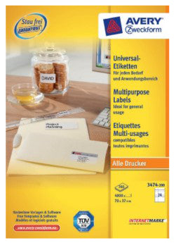 Avery Druckeretiketten, 70 mm × 37 mm, weiss, Papier, permanent, 5280 Etiketten (220 Blatt)