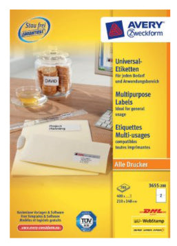 Avery Druckeretiketten, 210 mm × 148 mm, weiss, Papier, permanent, 220 Blatt (440 Etiketten)
