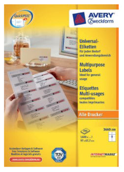 AVERY Zweckform 3660-200 – Etiketten A4 97 × 68 mm – weiss – Laser/Inkjet – 8 pro Blatt, 200 Blätter (1'600 Stk.)