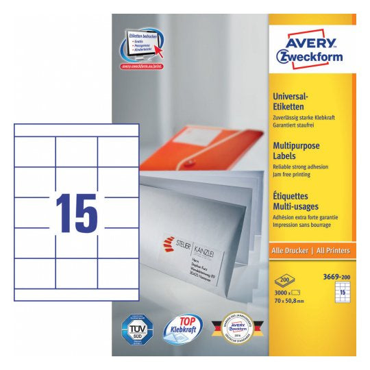 AVERY Zweckform Universal Schuletiketten – 70 × 50,8 mm, 3000 Stk, 200 Bogen, Papier, permanent haftend