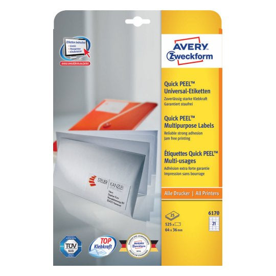 Avery 6170 – Etiketten A4 64 × 36 mm – Papier, weiss – permanent haftend – 21 pro Blatt, 25 Blätter (525 Stk.)