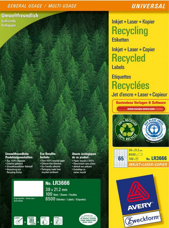 Avery Zweckform Haftetiketten – rechteckig 38 × 21,2 mm, stark haftend, weiss, A4, 100 Blatt (6'500 Stk.)