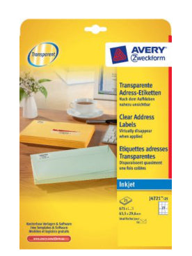 Avery Adress-Etiketten, 64 mm × 30 mm, transparent, Folie, permanent, 25 Blatt (675 Etiketten)