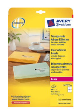 Avery Drucketiketten, 99,1 mm × 42,3 mm, transparent, 300 Etiketten (25 Blätter)