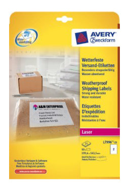 Avery L7996-25 – Etiketten A4 200 × 144 mm – Polyester, weiss – Laser – 2 pro Blatt, 25 Blätter (50 Stk.)