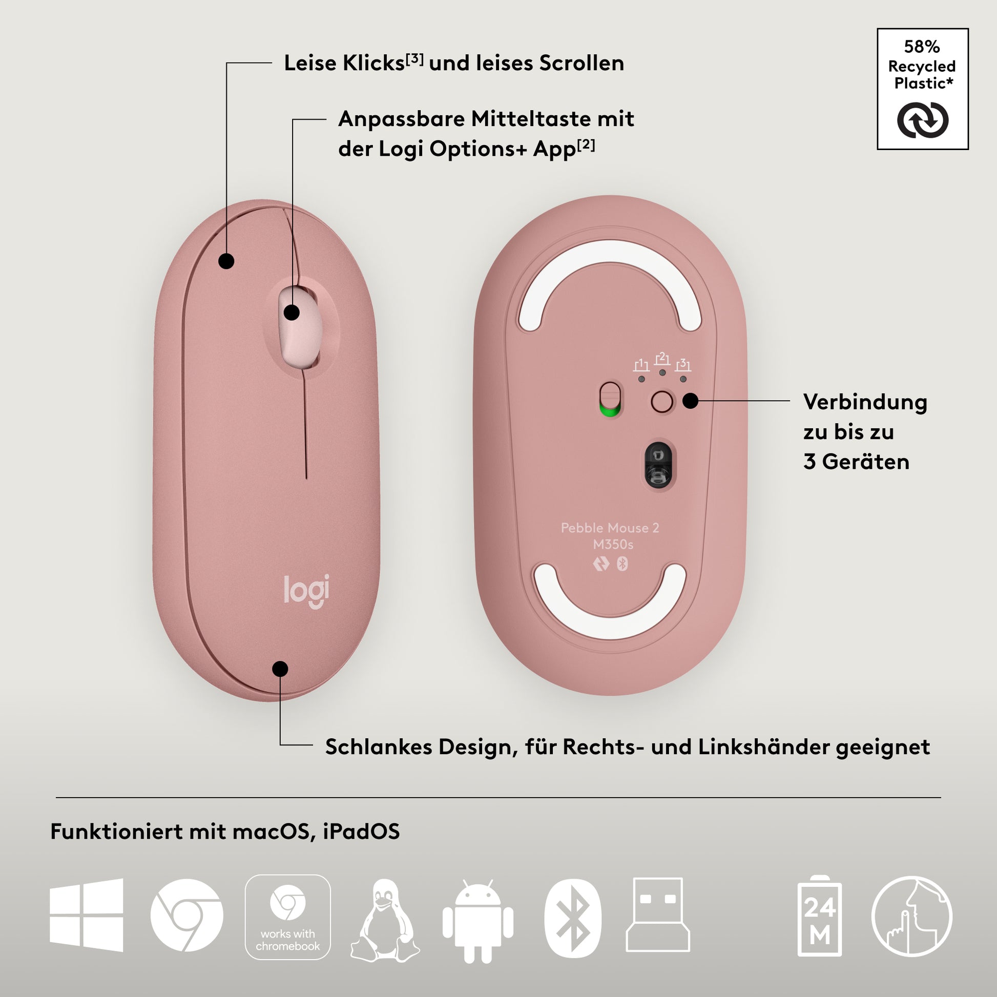 Logitech Pebble M350S Tonal Rose Maus – kabellos, Bluetooth, rosa