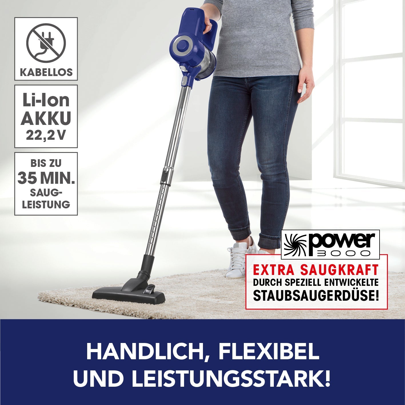 CLEANmaxx Akku-Zyklon-Staubsauger – 35 Min Laufzeit, Blau, Grau
