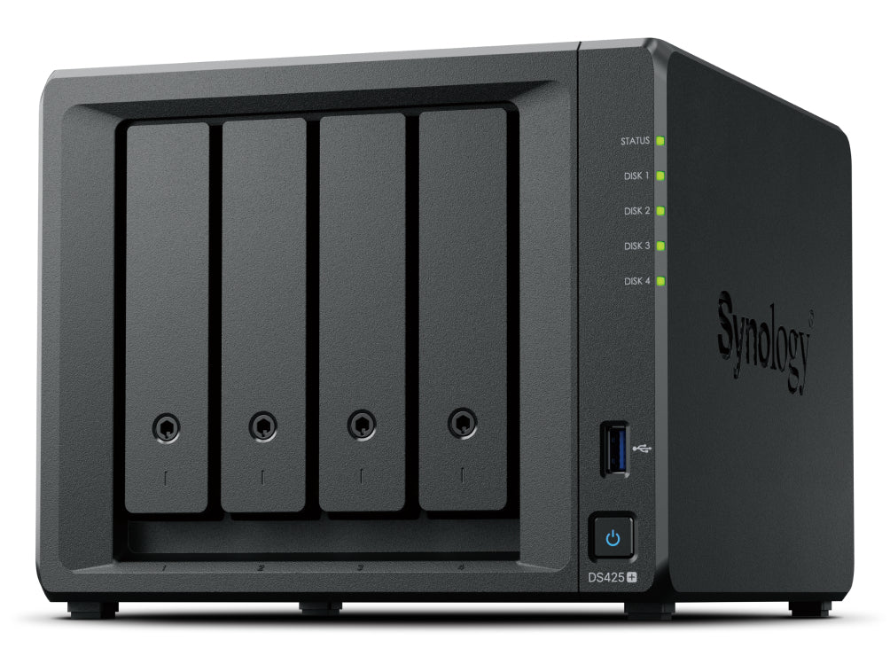 Synology DS425+ – 4-Bay Tower NAS – Intel Celeron J4125, 2 GB RAM, 2,5GbE, für 2,5"/3,5" HDD/SSD, SATA, M.2