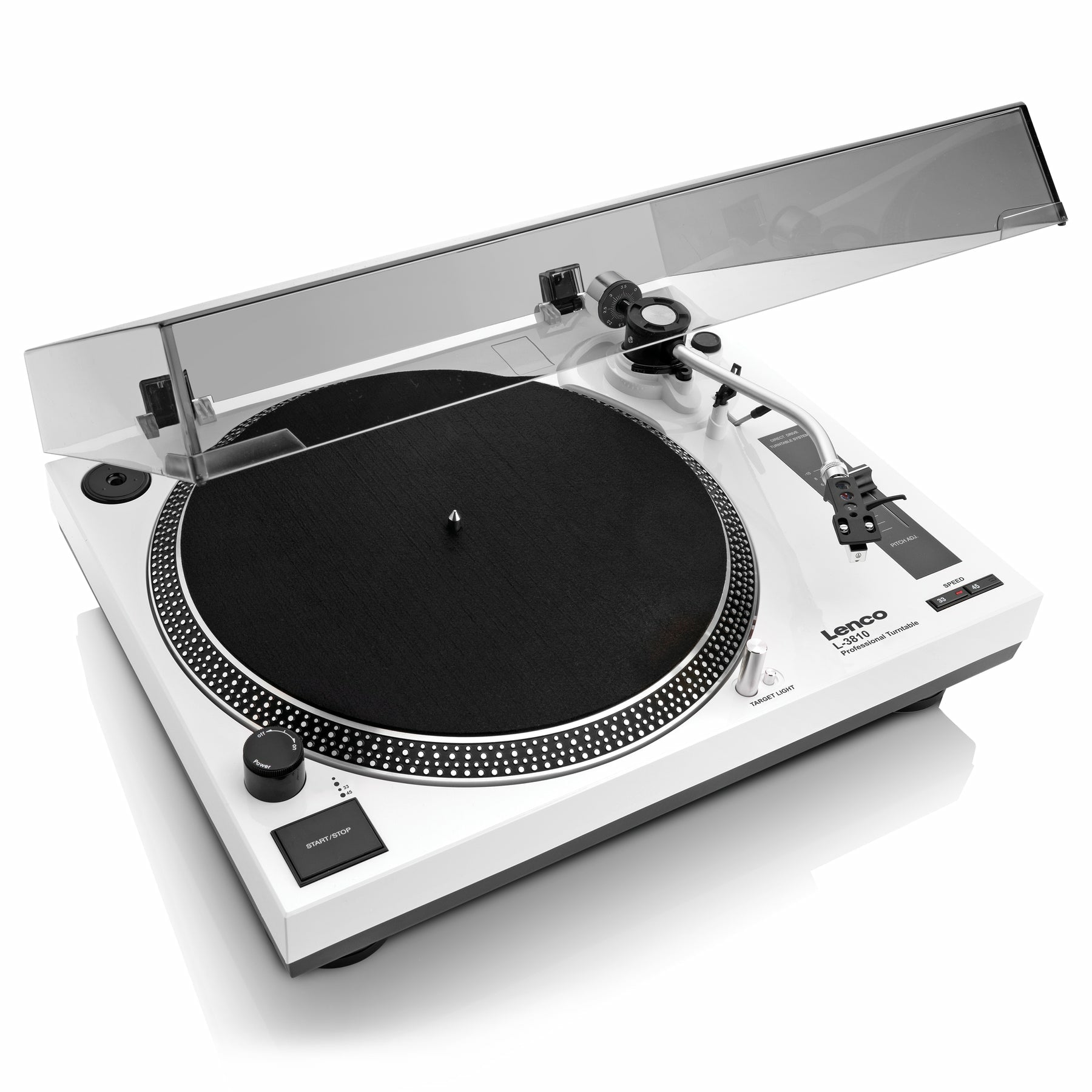 Lenco L-3810 – Plattenspieler (Direktantrieb, manuell), Phono-Vorverstärker, 33⅓/45 U/min – Weiss