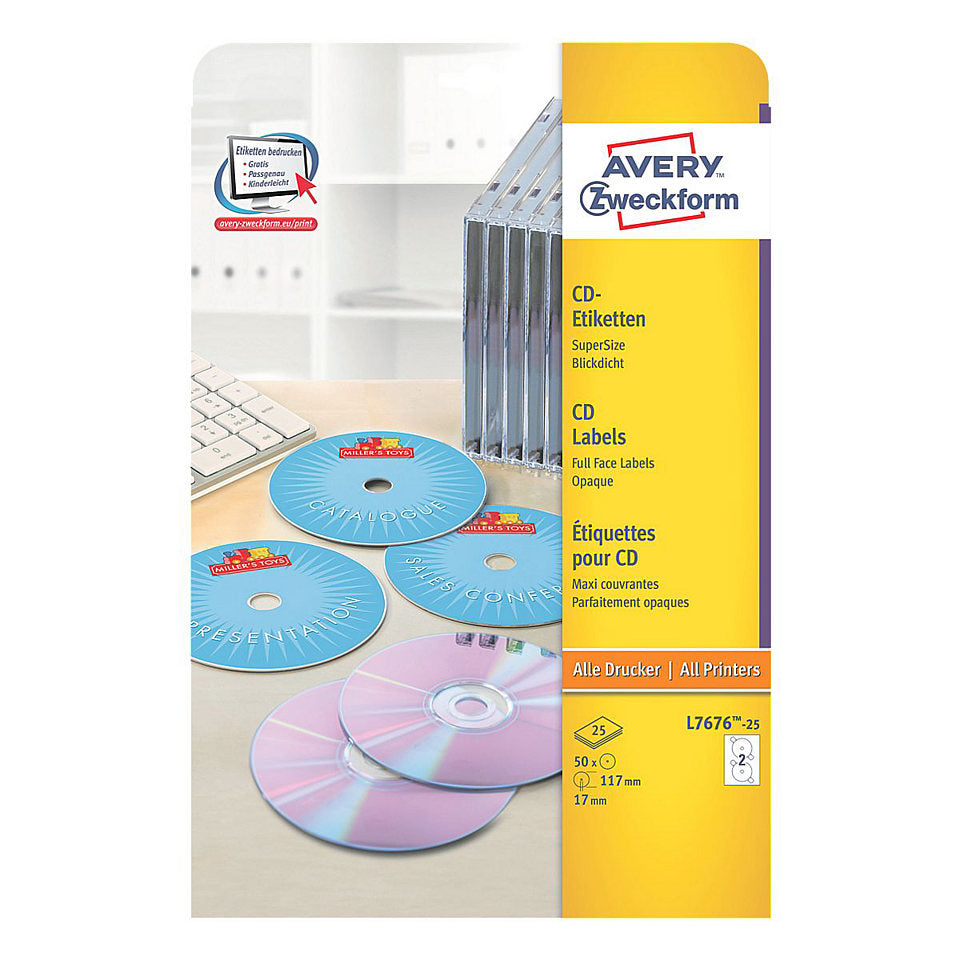 Avery Zweckform – CD-Etiketten SuperSize, Ø 117 mm, weiss, Papier, selbstklebend, 25 Bogen (50 Etiketten)