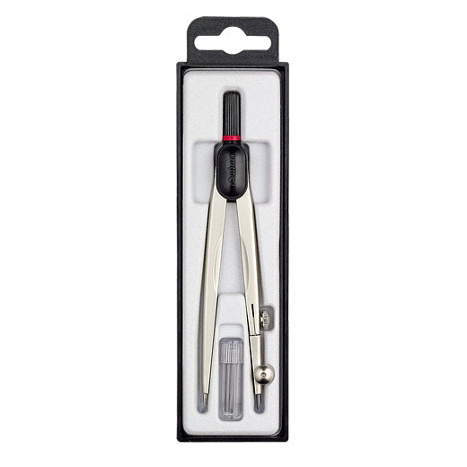 Rotring Zirkel – Schenkellänge 13 cm, Radius 16 cm, Aufnahme bis 3,5 mm, Messing, silber – Etui