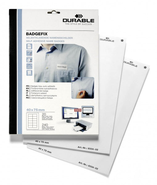 Durable BADGEFIX – Etiketten A4 75 × 40 mm – Seide, weiss – permanent haftend – Laser – 20 Blätter (240 Stk.)