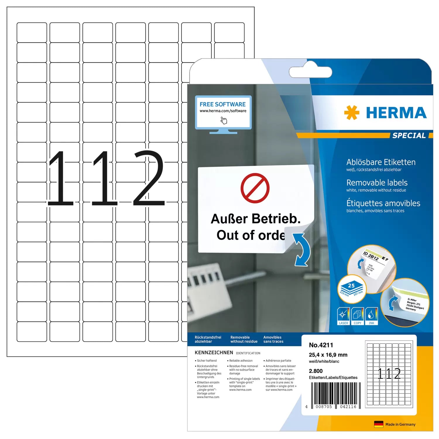 HERMA Druckeretiketten, 25 mm × 17 mm, weiss, Papier, ablösbar, 25 Blatt