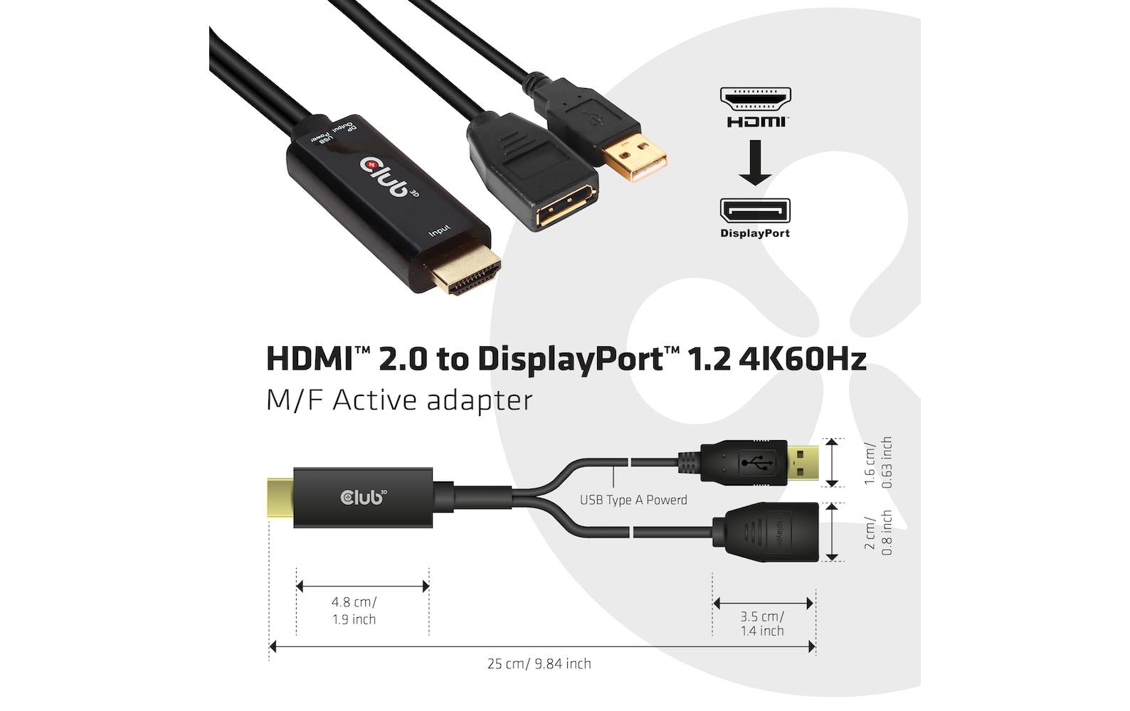CLUB3D Adapter HDMI zu DisplayPort – 4K (4096 × 2160) @ 60 Hz, 0,25 m, HDMI 2.0 zu DisplayPort 1.2