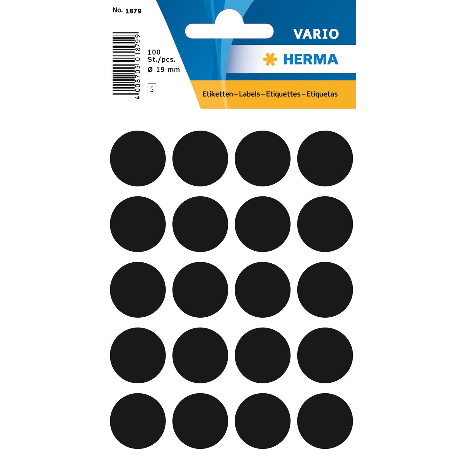 HERMA Vario Schmucketiketten – Motiv Farbpunkte – Papier, 100 Stk, 5 Bogen, Ø 19 mm