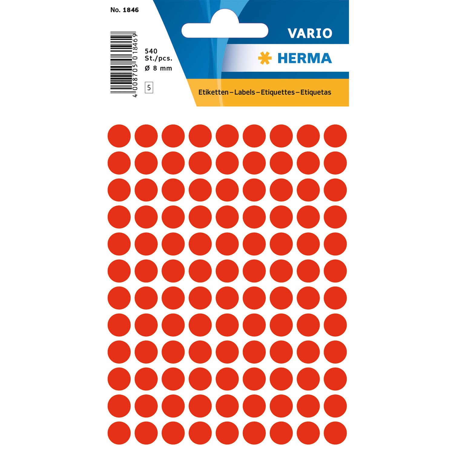 HERMA Vario Schuletiketten – Motiv Farbpunkte, Leuchtrot – Ø 8 mm, 540 Stk, 5 Bogen, Permanent Haftend