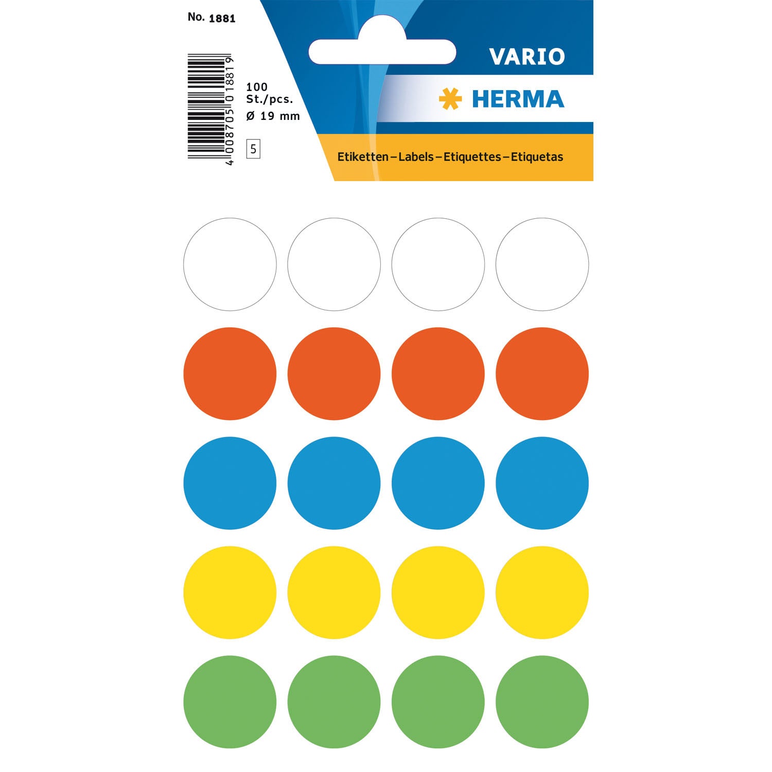 HERMA Vario Schuletiketten – Motiv Farbpunkte – Ø 19 mm, 100 Stk, 5 Bogen, Papier, permanent haftend