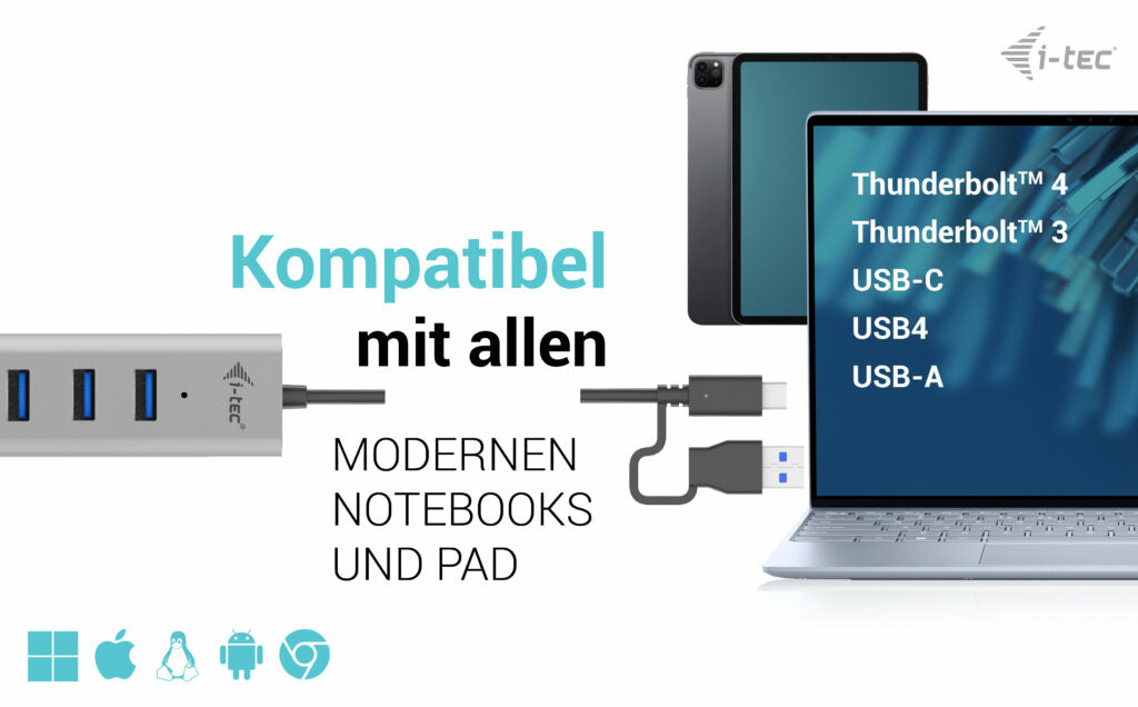 i-tec USB-Hub – USB-C, 7× USB-A, für Windows/Mac/Linux