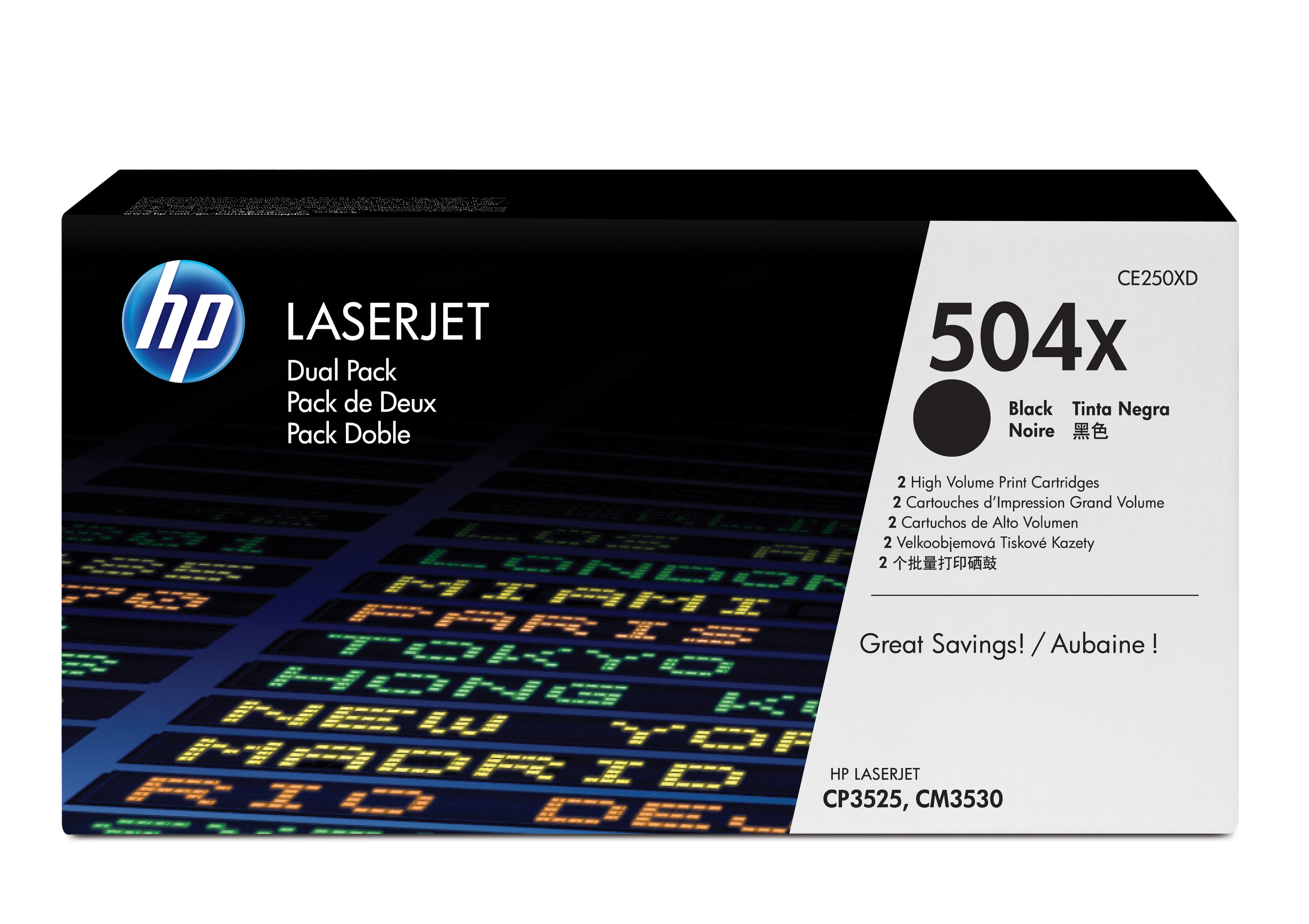 HP 504X (CE250XD) Schwarz Toner – Original XL – 2er-Pack – je 10’500 Seiten – für HP LaserJet CM3530/CP3525