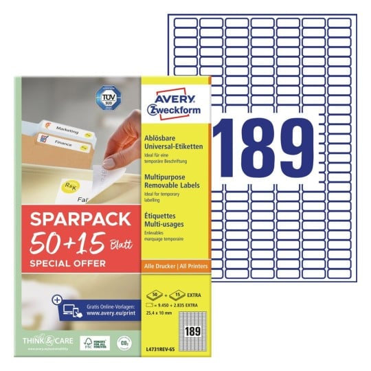 Avery L4731REV-65 – Etiketten A4 25 × 10 mm – Papier – wiederablösbar – 65 Blätter (12.285 Stk.)