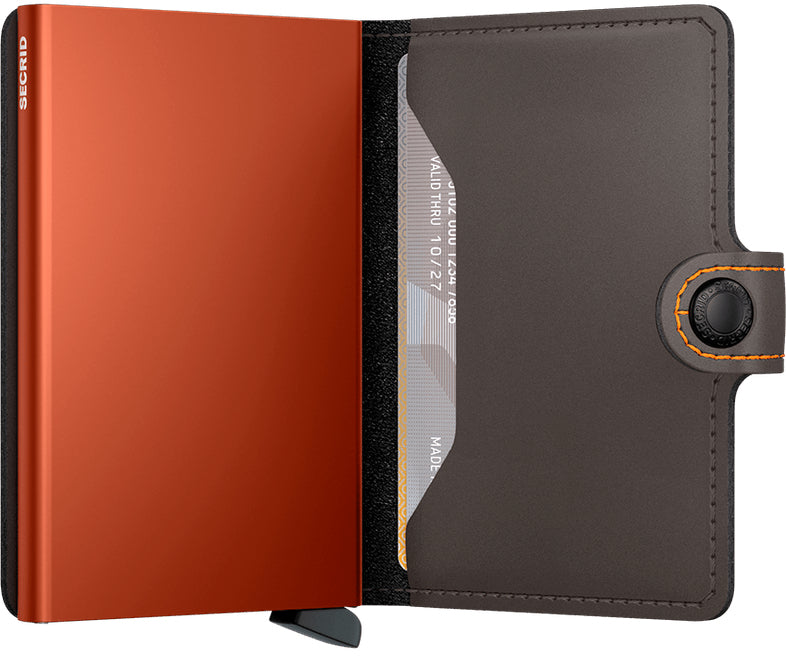 Secrid Miniwallet Kartenetui – RFID-Schutz, für 10 Karten – 65×102×21 mm – Echtes Leder – Dunkelbraun/Orange