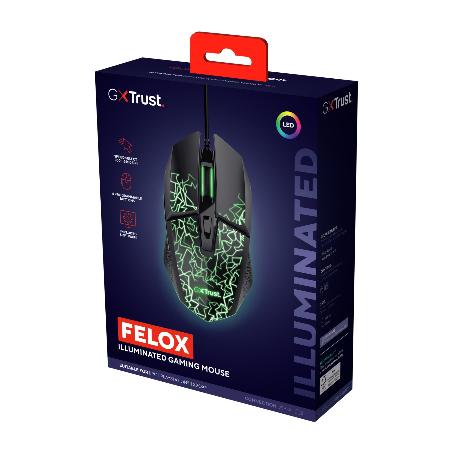 Trust GXT 113 Felox – Gaming-Maus – Kabelgebunden (USB-A), 6400 DPI, RGB-Beleuchtung, Rechts, Schwarz