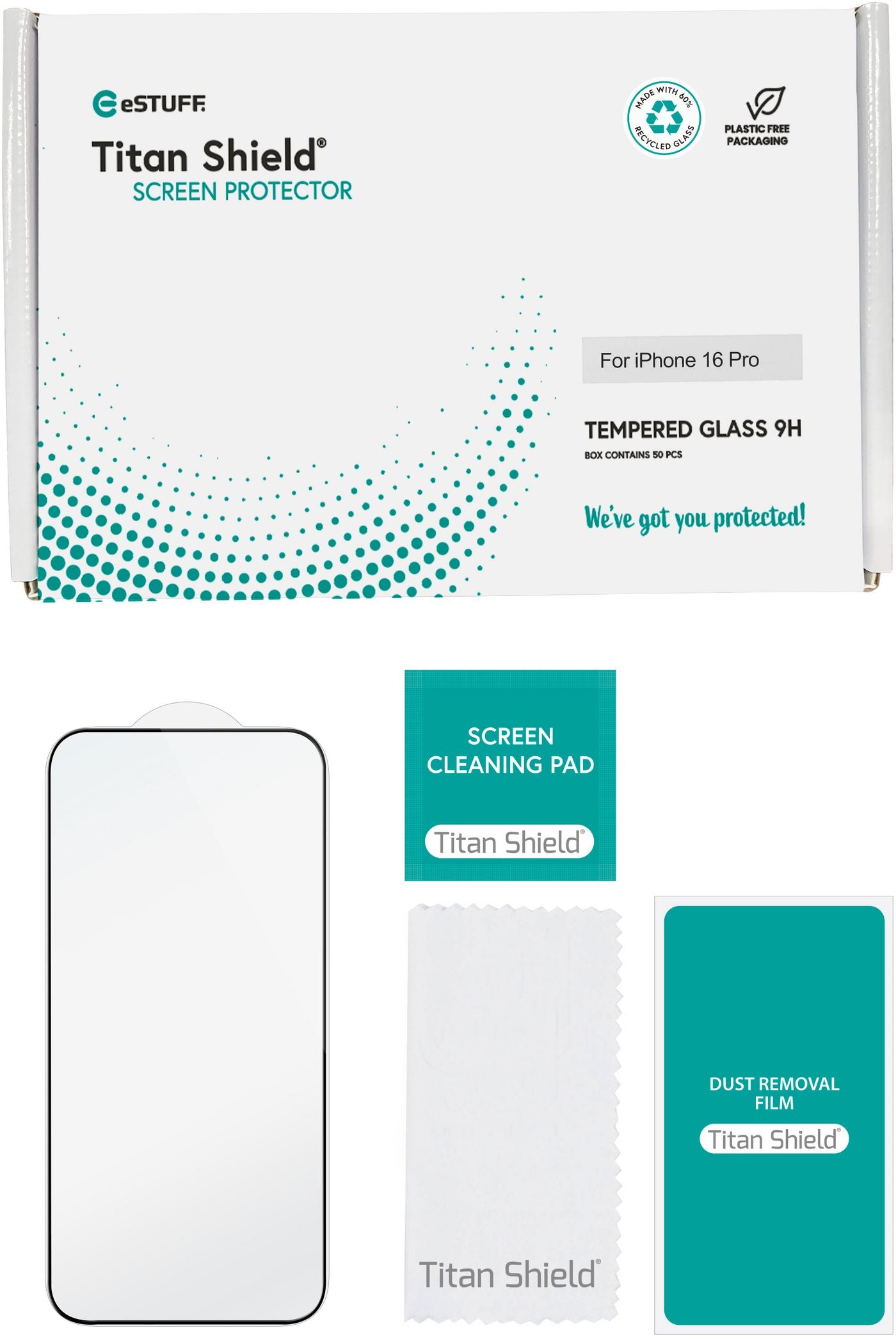 eSTUFF Displayschutzglas – für Apple iPhone 16 Pro, Hartglas, 9H, Transparent – 50er-Pack