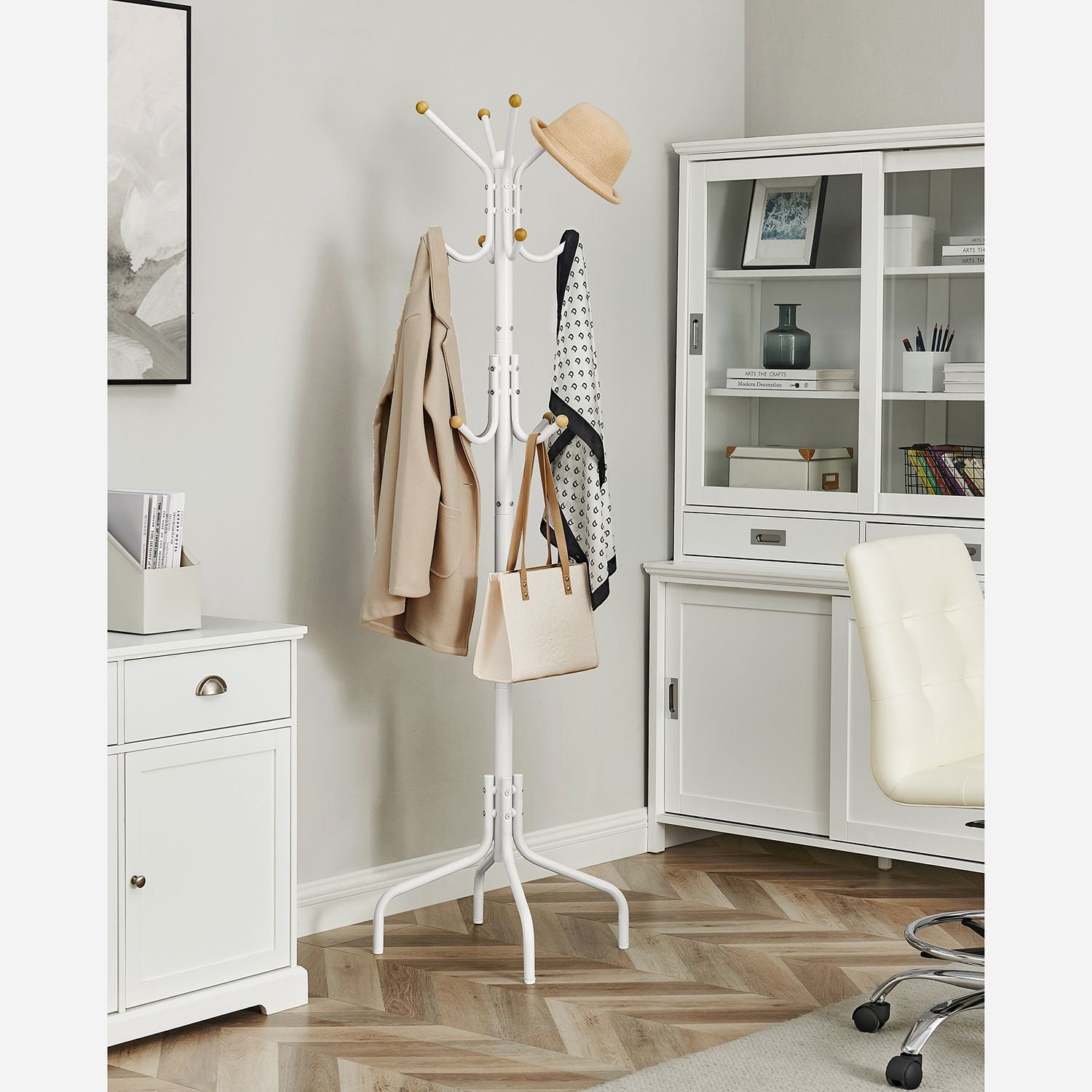 Songmics Garderobenständer – 12 Haken, Stahl, Weiss/Holz, 55 × 55 × 180 cm
