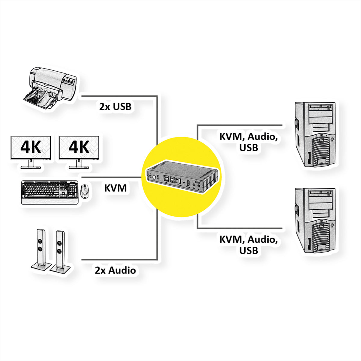 ROLINE 2-Port DP/HDMI Dual-View KVM-Switch – 4K/60 Hz, USB 2.0-Hub, Audio