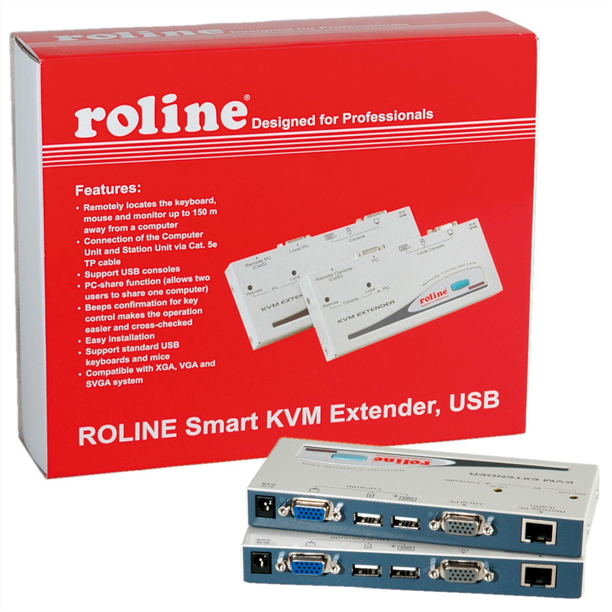 ROLINE KVM-Extender VGA/USB zu RJ-45 – bis 150 m, 1024 × 768 – für VGA-Monitor und USB-Tastatur/Maus