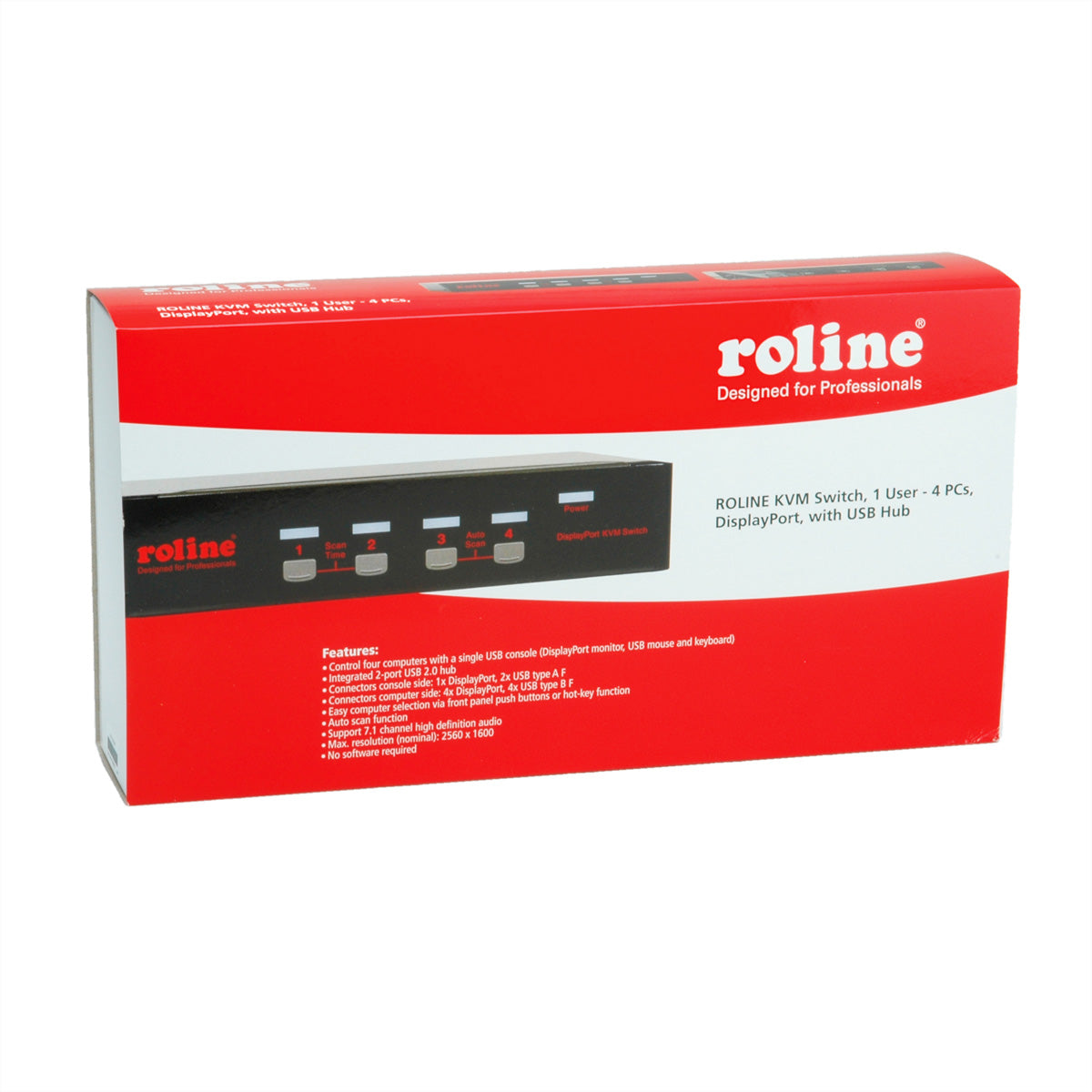 ROLINE 4-Port DP KVM-Switch – 2560 × 1600, USB 2.0-Hub, 7.1 Audio, Desktop