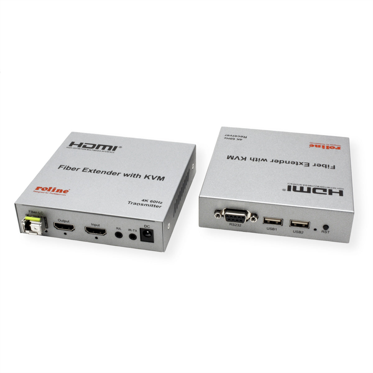 ROLINE KVM-Extender über LWL – 4K (3840 × 2160) @ 60 Hz, HDMI, USB, bis 20 km, 2× SFP, IR/RS-232 – Silber