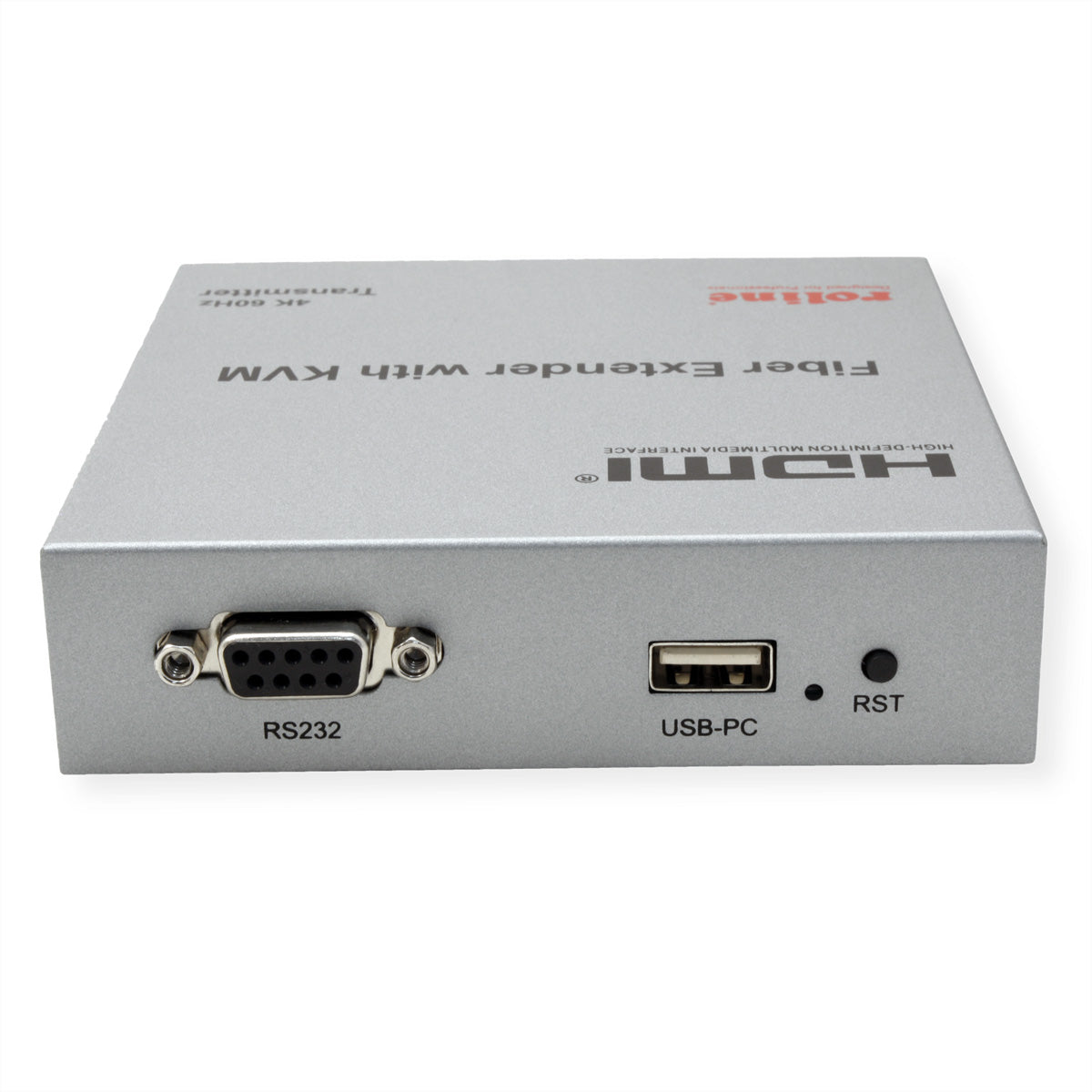 ROLINE KVM-Extender über LWL – 4K (3840 × 2160) @ 60 Hz, HDMI, USB, bis 20 km, 2× SFP, IR/RS-232 – Silber
