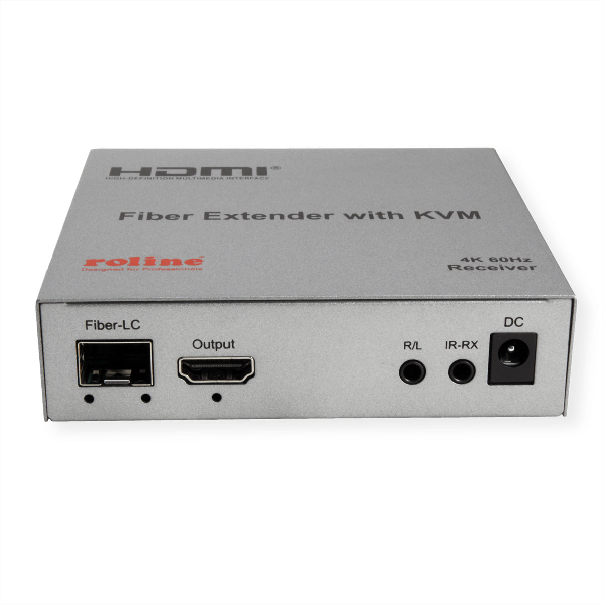 ROLINE KVM-Extender über LWL – 4K (3840 × 2160) @ 60 Hz, HDMI, USB, bis 20 km, 2× SFP, IR/RS-232 – Silber