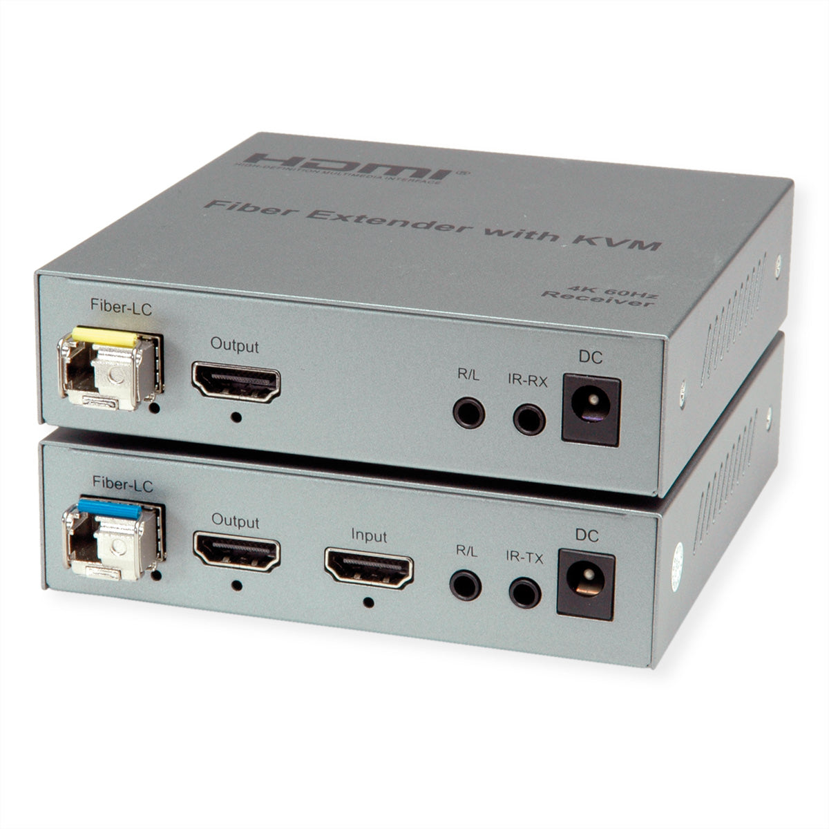 ROLINE KVM-Extender über LWL – 4K (3840 × 2160) @ 60 Hz, HDMI, USB, bis 20 km, 2× SFP, IR/RS-232 – Silber