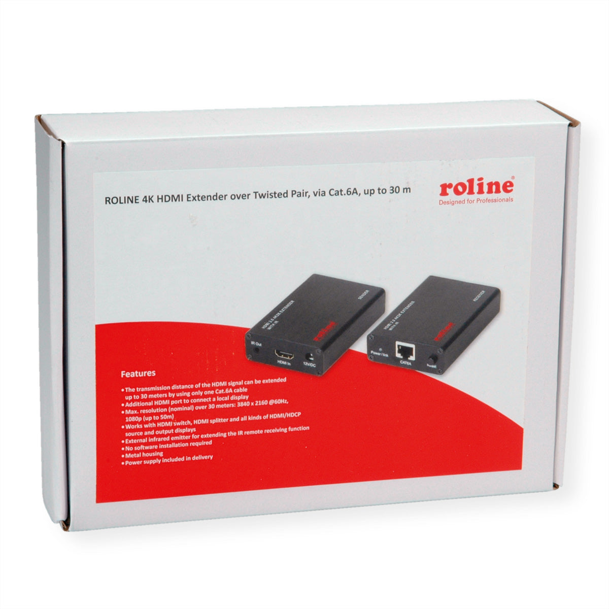 ROLINE HDMI Extender-Kit – 4K @ 60 Hz bis 30 m, Full HD bis 45 m, über Cat6A-Kabel, Sender + Empfänger