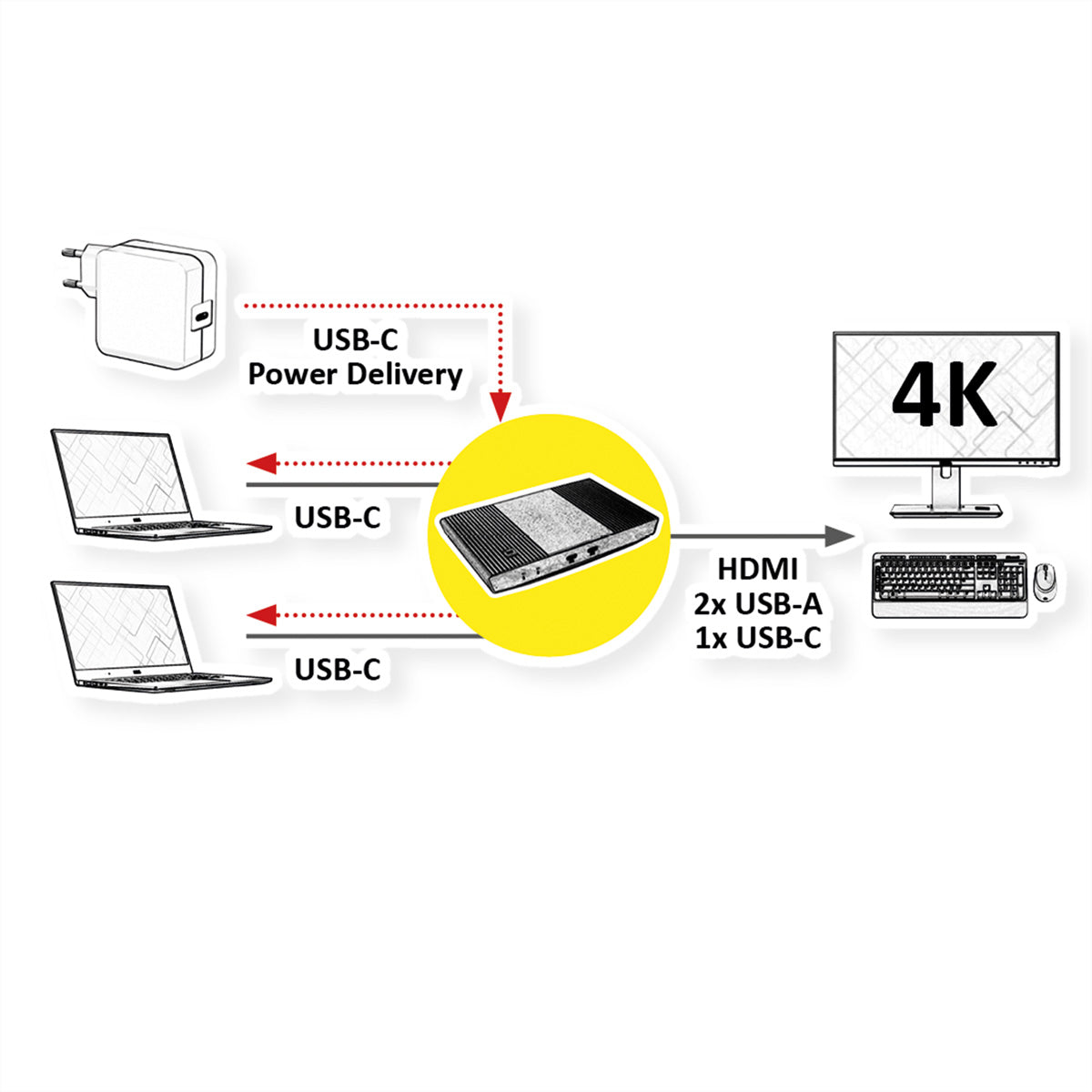 ROLINE 2-Port HDMI KVM-Switch – 4K/60 Hz, USB 3.0-Hub, USB-C PD 100 W