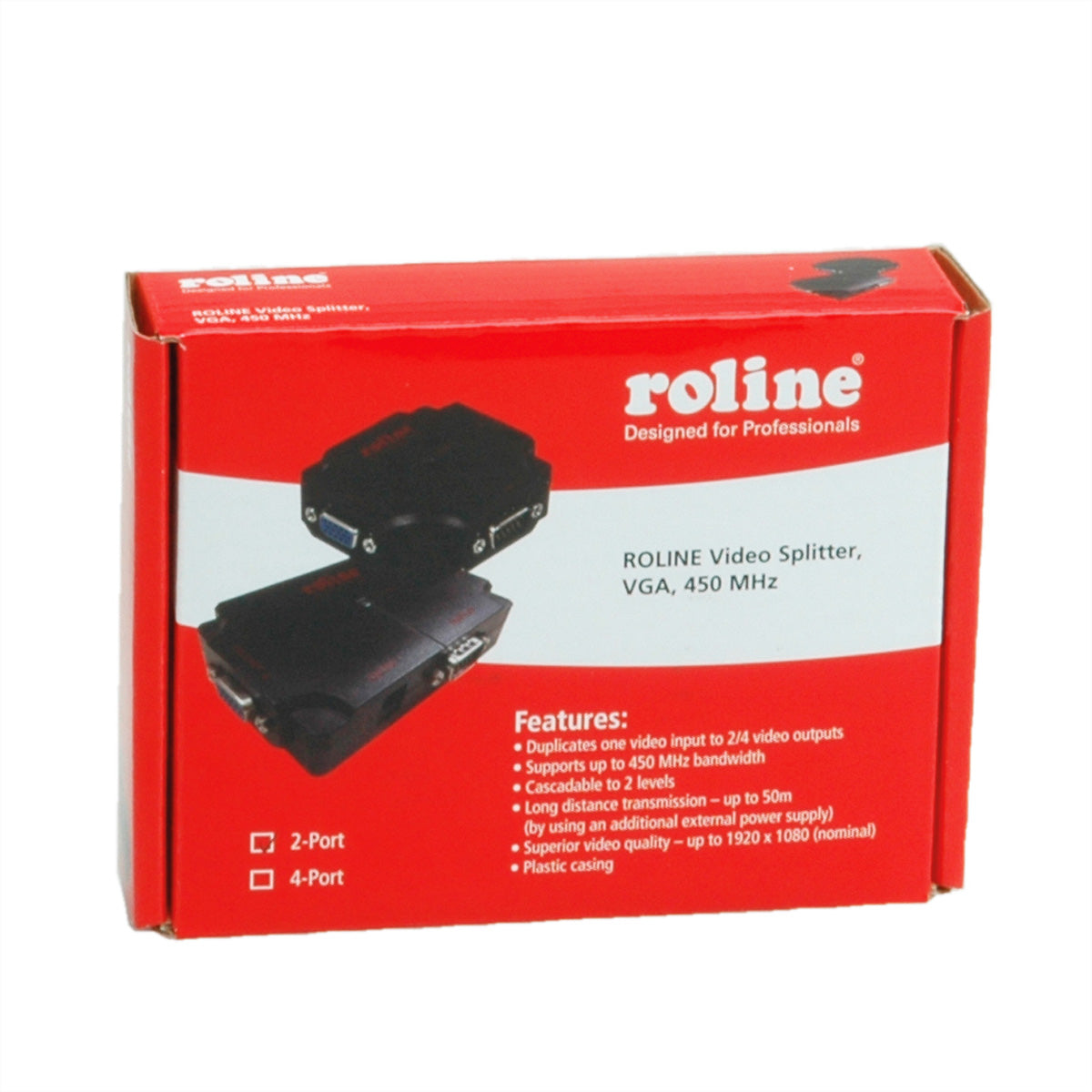 ROLINE VGA-Video-Splitter, 1× VGA In / 2× VGA Out, 1080p, 450 MHz, kaskadierbar, USB-Strom, Schwarz