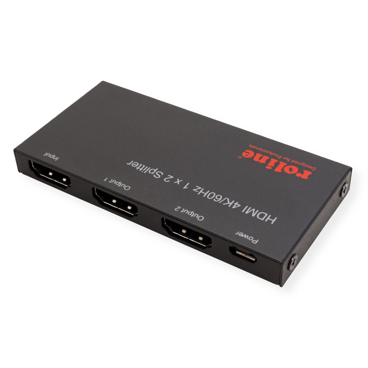 ROLINE HDMI-Splitter, 1× HDMI Eingang / 2× HDMI Ausgang, 4K@60 Hz, HDCP 2.2/1.4, USB-betrieben, Schwarz