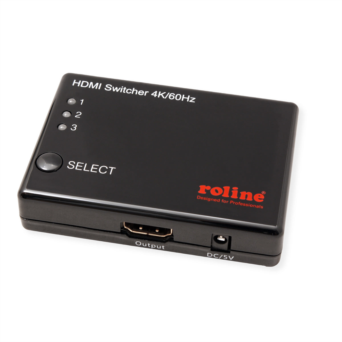 ROLINE HDMI Switch, 3× HDMI In / 1× HDMI Out, 4K@60 Hz, IR, Fernbedienung, Netzteil 5 V/1 A, Schwarz
