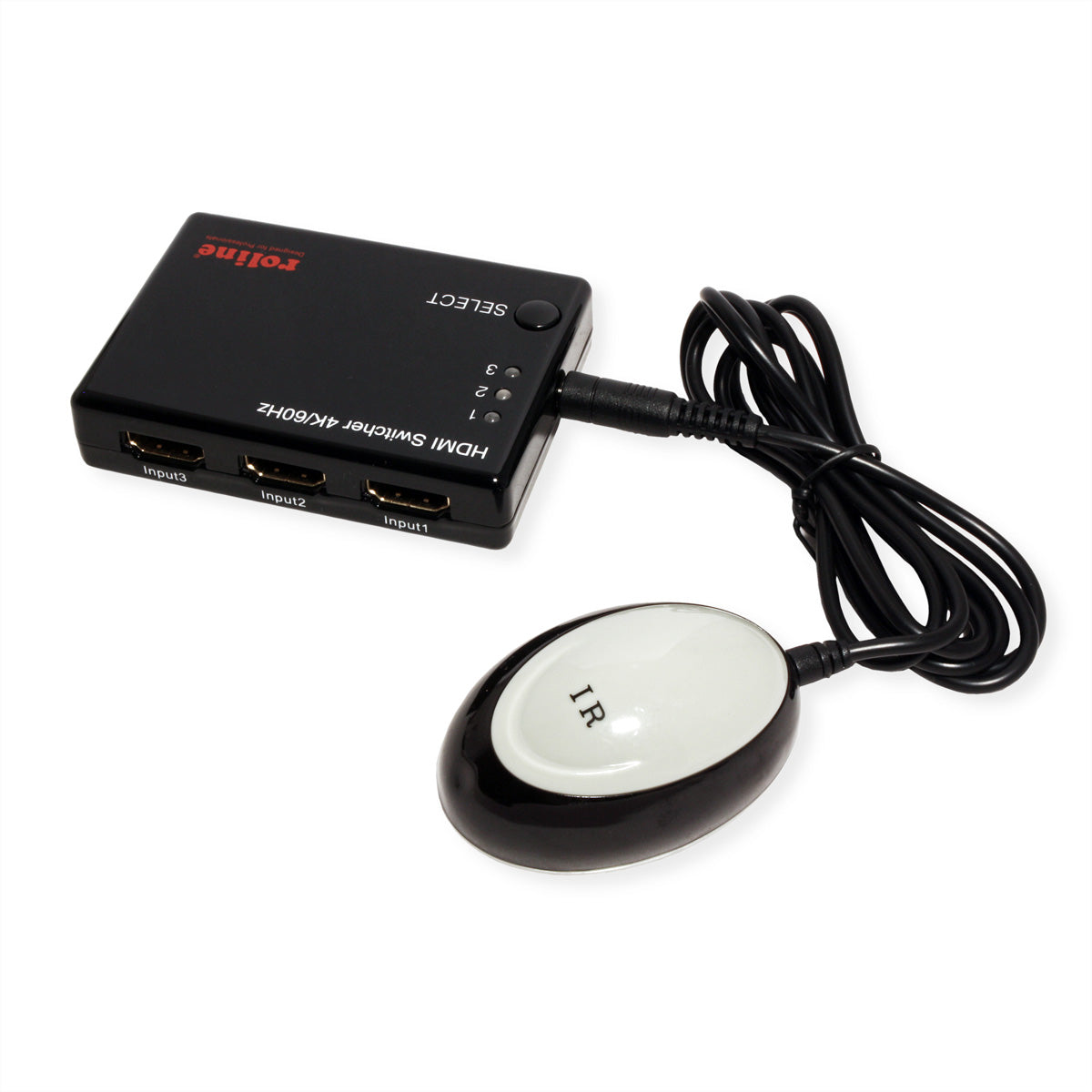 ROLINE HDMI Switch, 3× HDMI In / 1× HDMI Out, 4K@60 Hz, IR, Fernbedienung, Netzteil 5 V/1 A, Schwarz