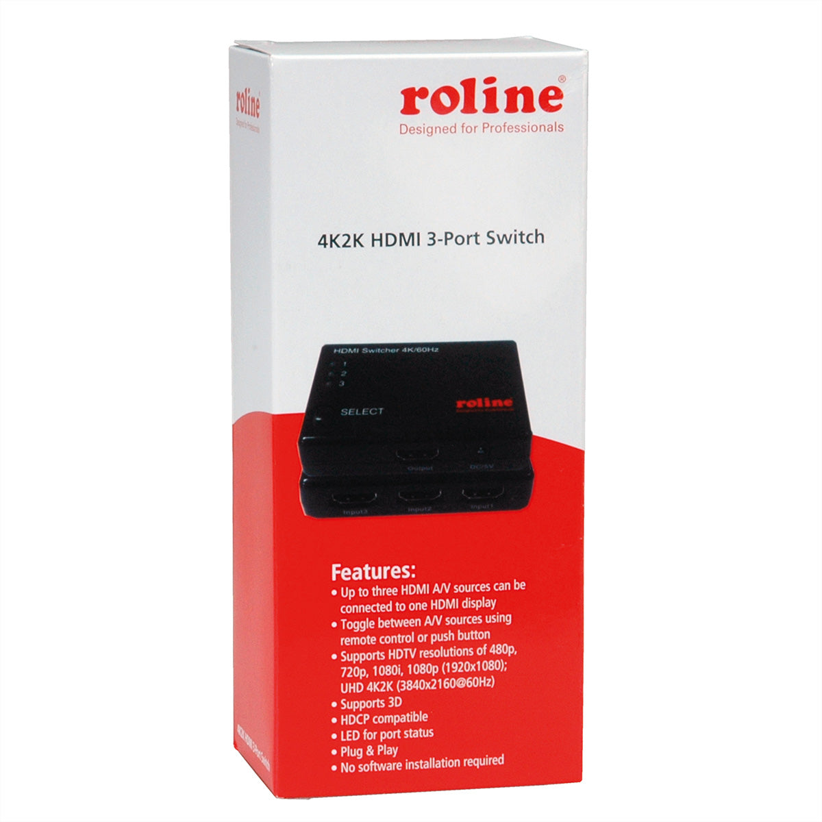 ROLINE HDMI Switch, 3× HDMI In / 1× HDMI Out, 4K@60 Hz, IR, Fernbedienung, Netzteil 5 V/1 A, Schwarz