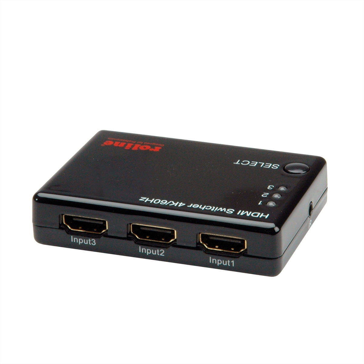 ROLINE HDMI Switch, 3× HDMI In / 1× HDMI Out, 4K@60 Hz, IR, Fernbedienung, Netzteil 5 V/1 A, Schwarz