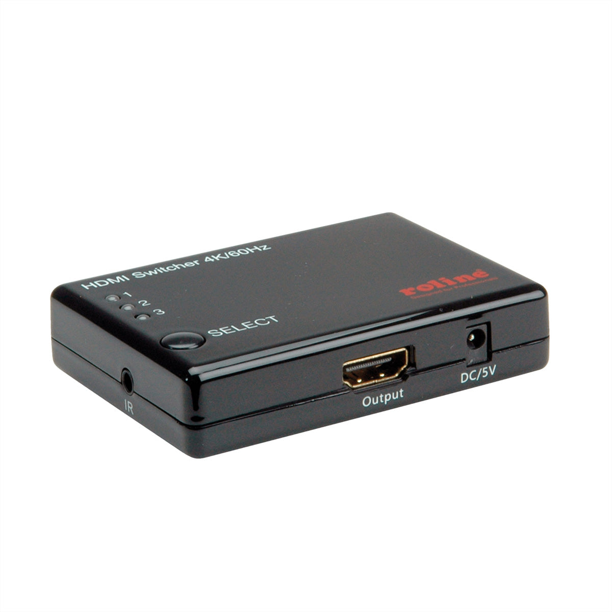 ROLINE HDMI Switch, 3× HDMI In / 1× HDMI Out, 4K@60 Hz, IR, Fernbedienung, Netzteil 5 V/1 A, Schwarz