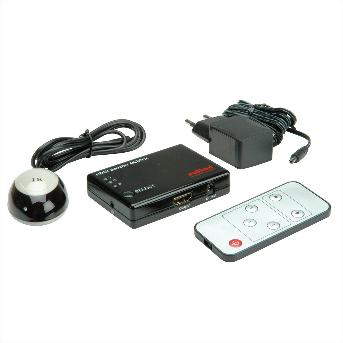 ROLINE HDMI Switch, 3× HDMI In / 1× HDMI Out, 4K@60 Hz, IR, Fernbedienung, Netzteil 5 V/1 A, Schwarz