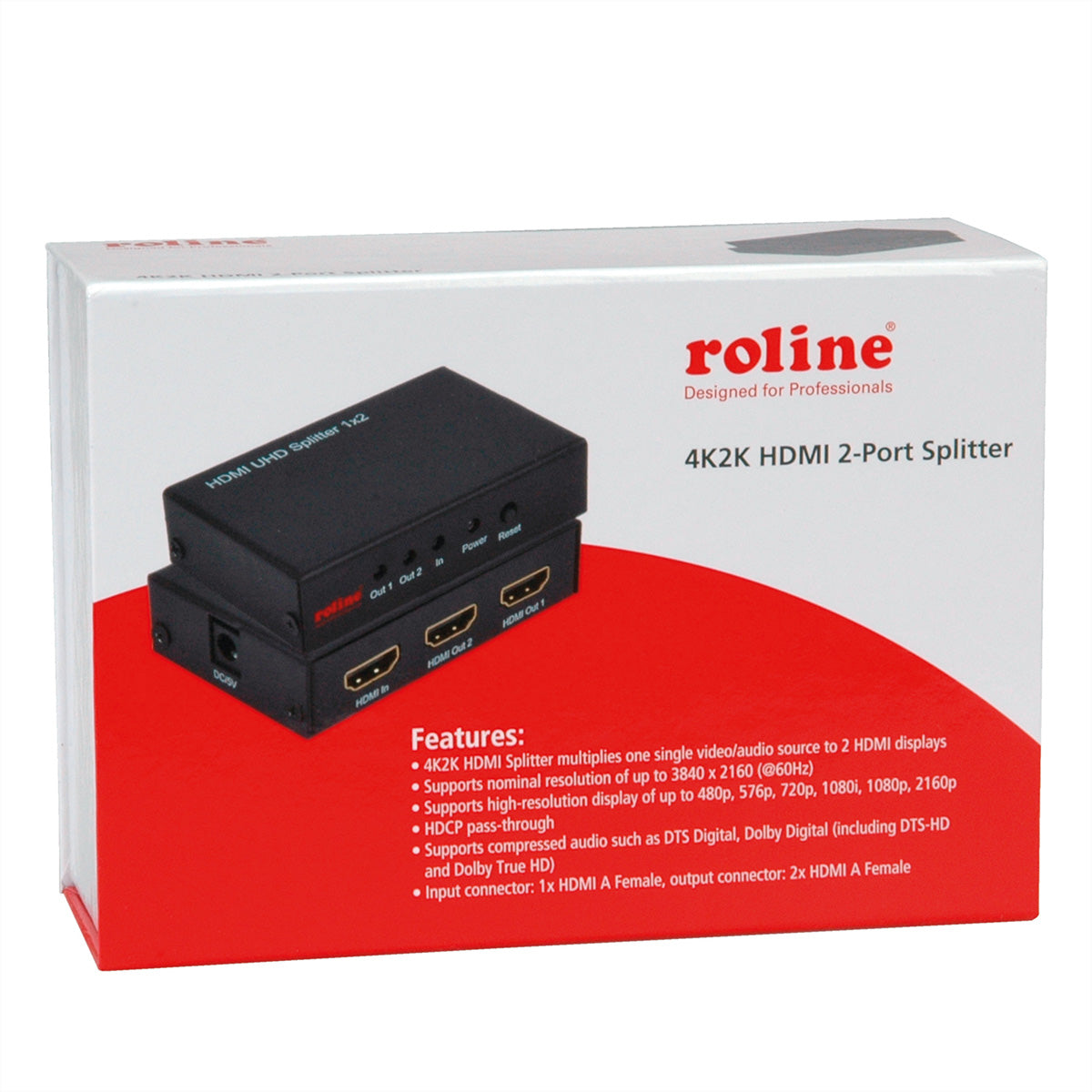 ROLINE HDMI-Video-Splitter, 1× HDMI In / 2× HDMI Out, 4K@60 Hz, 3D, Schwarz