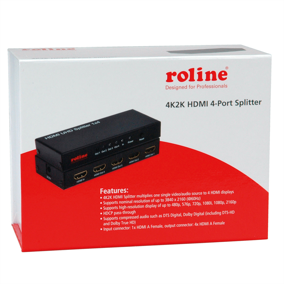 ROLINE HDMI-Splitter, 1× HDMI In / 4× HDMI Out, 4K@60 Hz, 3D, für HDMI-Geräte, Schwarz