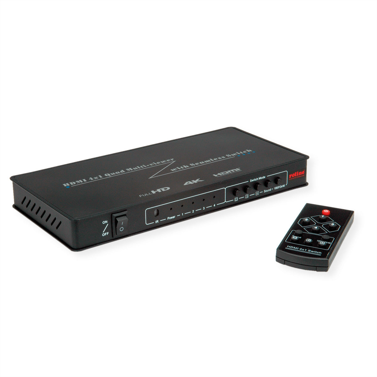 ROLINE Quad Multi-Viewer Switch, 4× HDMI In/1× HDMI Out, 4K@30 Hz, Fernbedienung, Netzteil, Schwarz